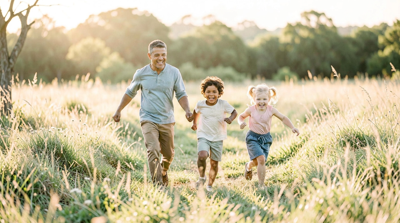 A father and his two young children running through a sunlit meadow