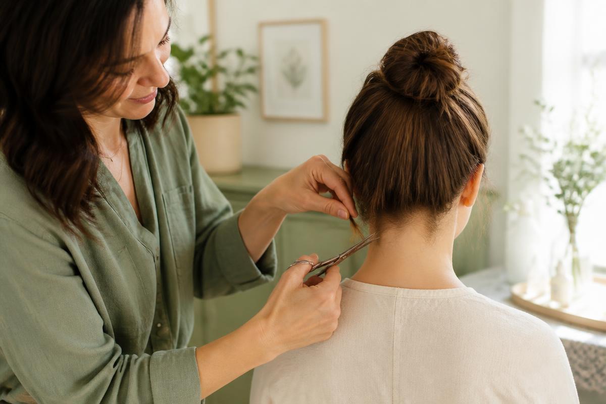 A small hair sample being gently cut for bioenergetic testing