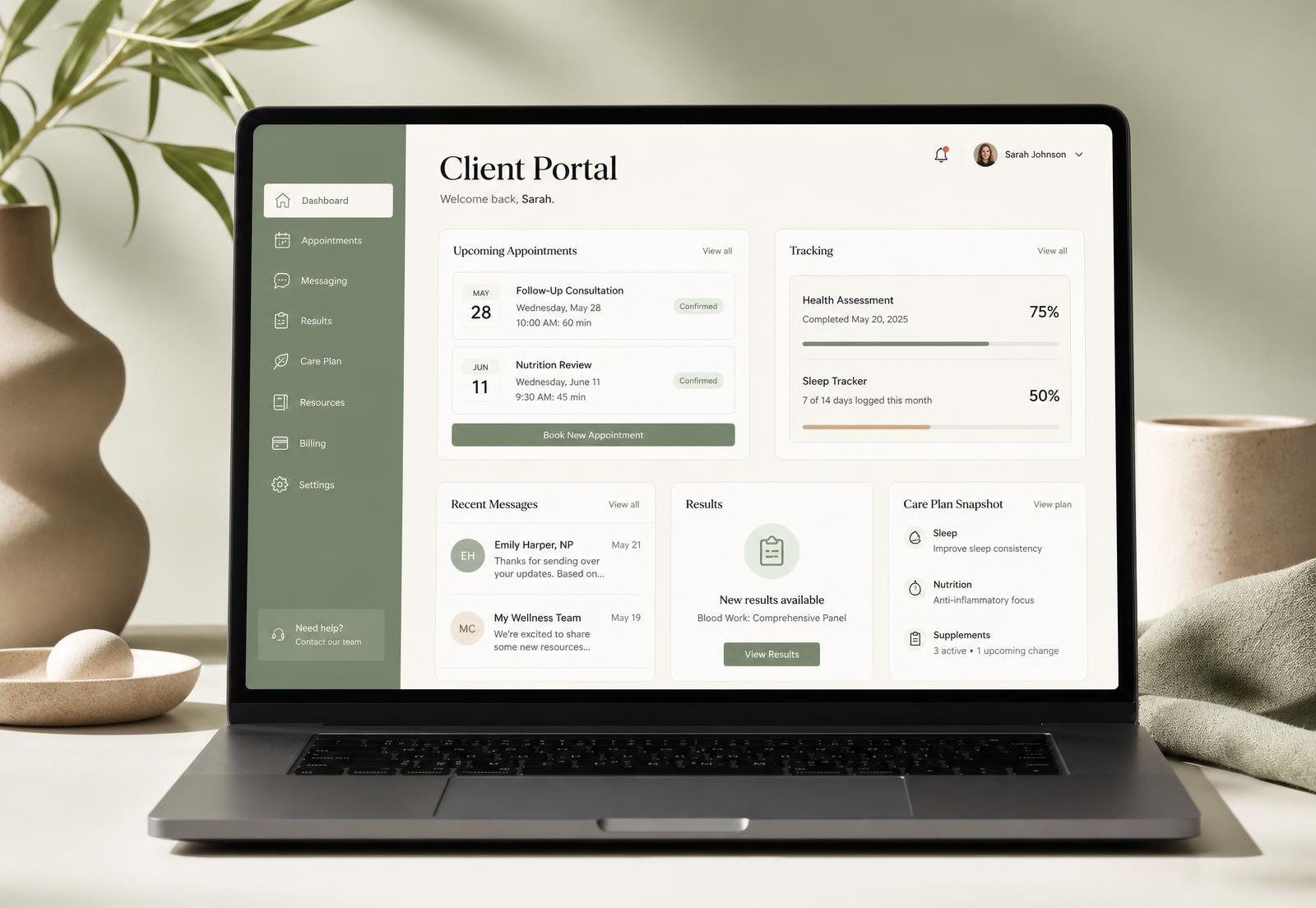 Laptop displaying the Simply Thriving Energetics client portal dashboard with appointments, messages, and results
