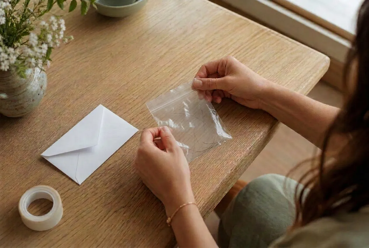 A woman preparing a small hair sample on a wooden table with an envelope, plastic bag, and tape nearby